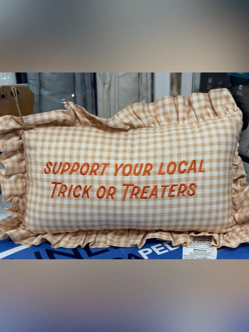 Orange Gingham Ruffle Pillow with 'Trick or Treaters' Embroidery